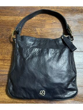 49 Square Miles Deep Blue/BLK Leather Hobo Shoulder Bag Slouchy Brass Ring Logo